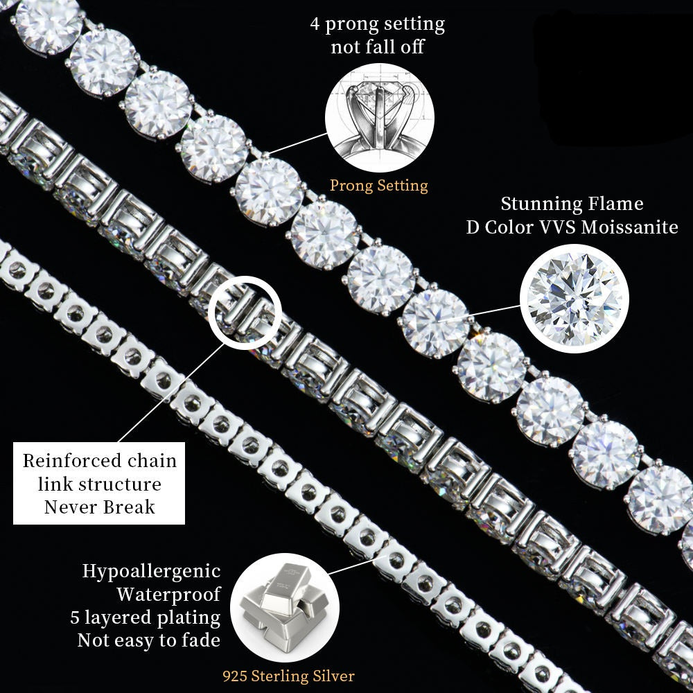 Iced Moissanite Tennis Bracelet – 925 Sterling Silver (3mm–5mm, VVS Clarity)