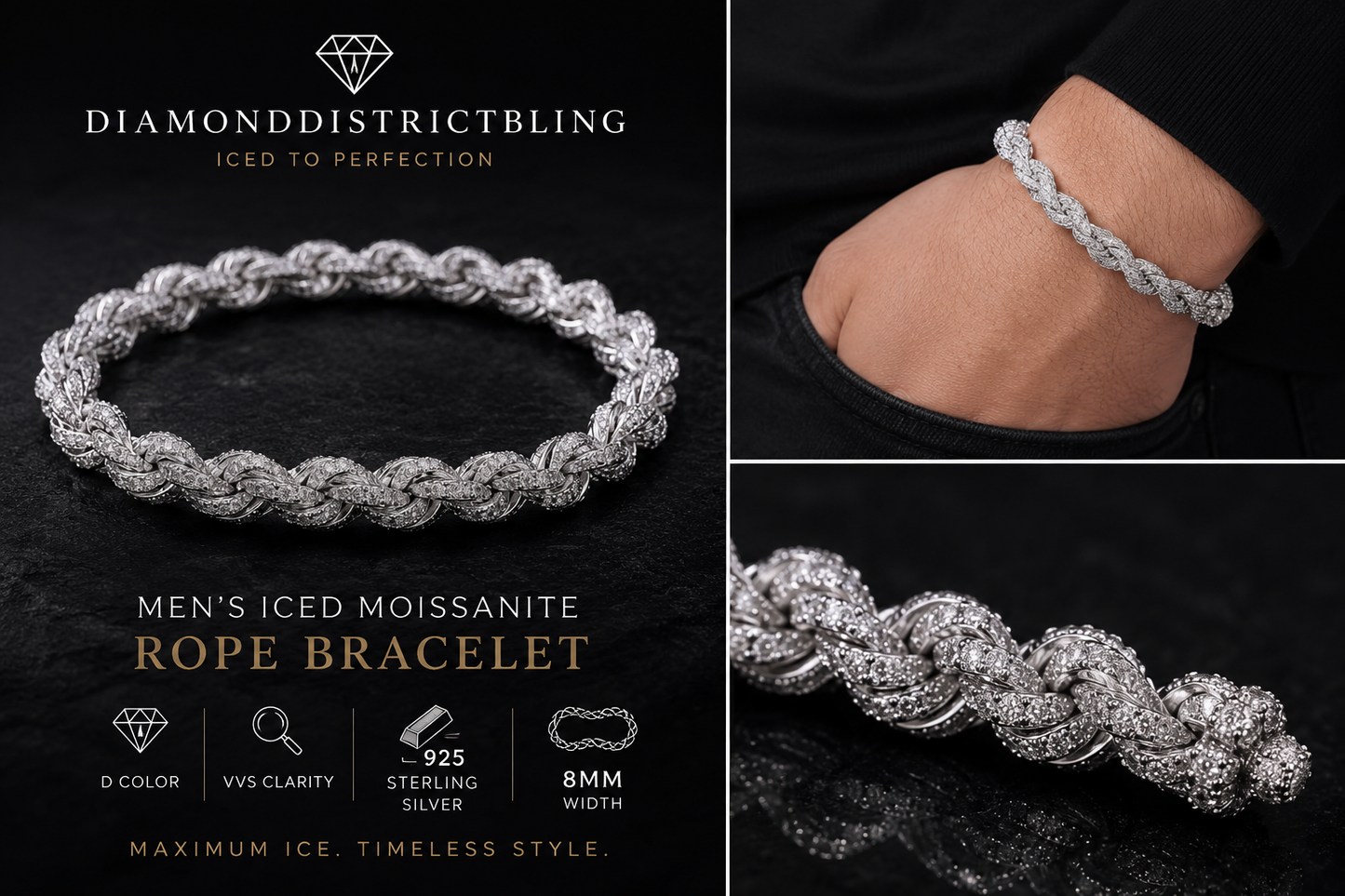 Men’s Iced Moissanite Rope Bracelet – 925 Sterling Silver (8mm, D Color VVS)
