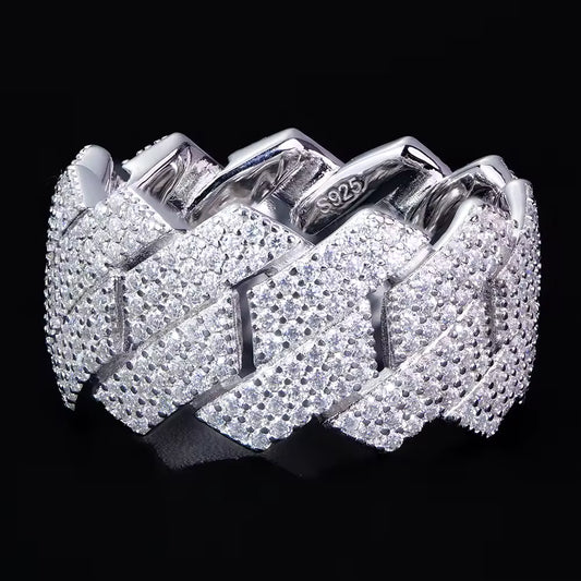 MOISSANITE Iced Out 3 Row Prong Cuban Eternity Band Ring - 925 Silver