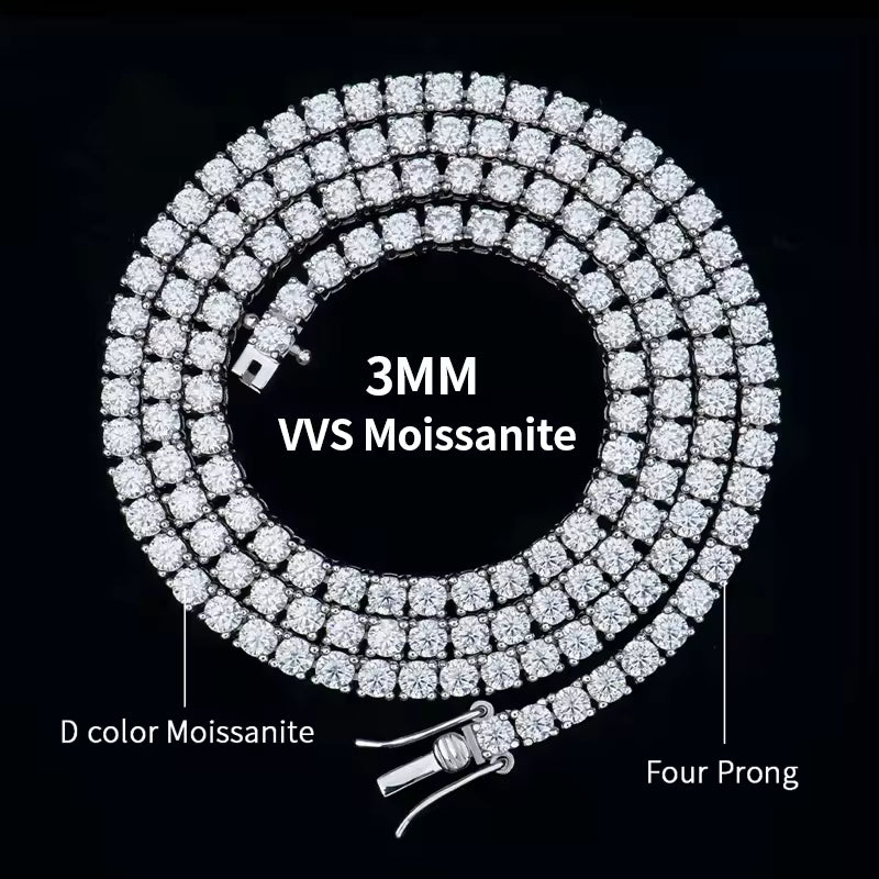 MOISSANITE #1 BESTSELLER 3mm Tennis Chain Necklace Iced Out - 925 Silver - 16"-30"