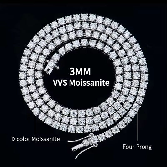 MOISSANITE #1 BESTSELLER 3mm Tennis Chain Necklace Iced Out - 925 Silver - 16"-30"