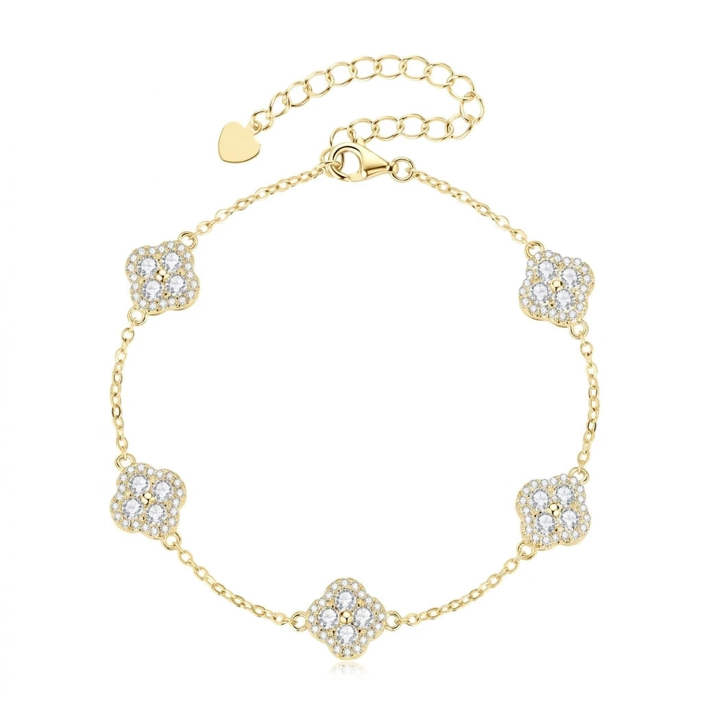Luxe Clover Moissanite Bracelet – Silver & Gold Plated Floral Charm Design