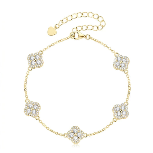 Luxe Clover Moissanite Bracelet – Silver & Gold Plated Floral Charm Design