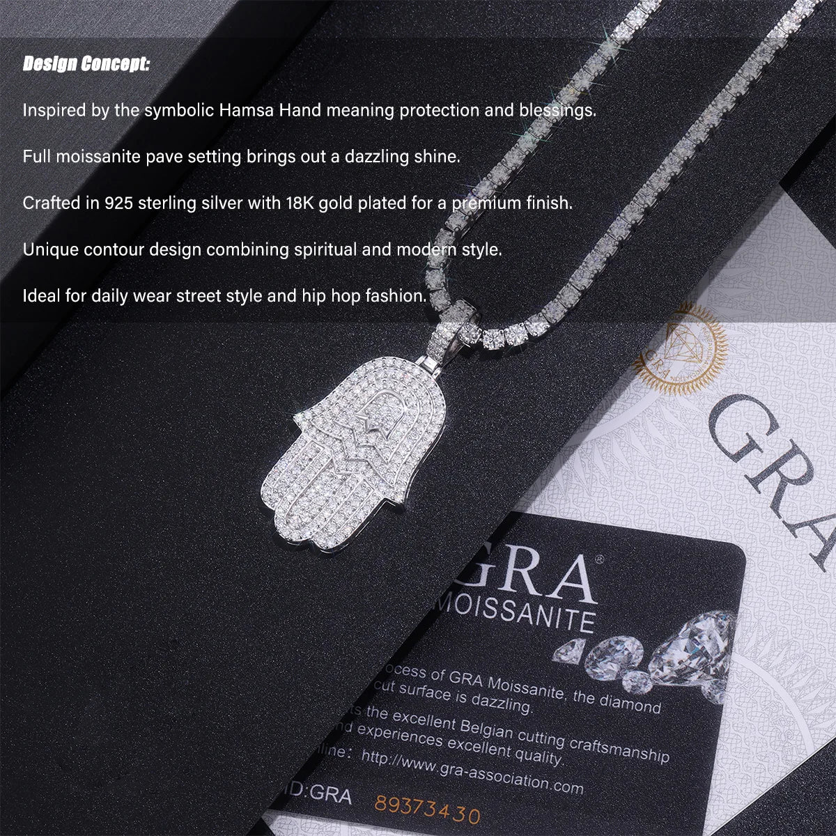 Moissanite Hamsa Pendant Necklace – 925 Sterling Silver, 18K Gold Plated (GRA Certified)