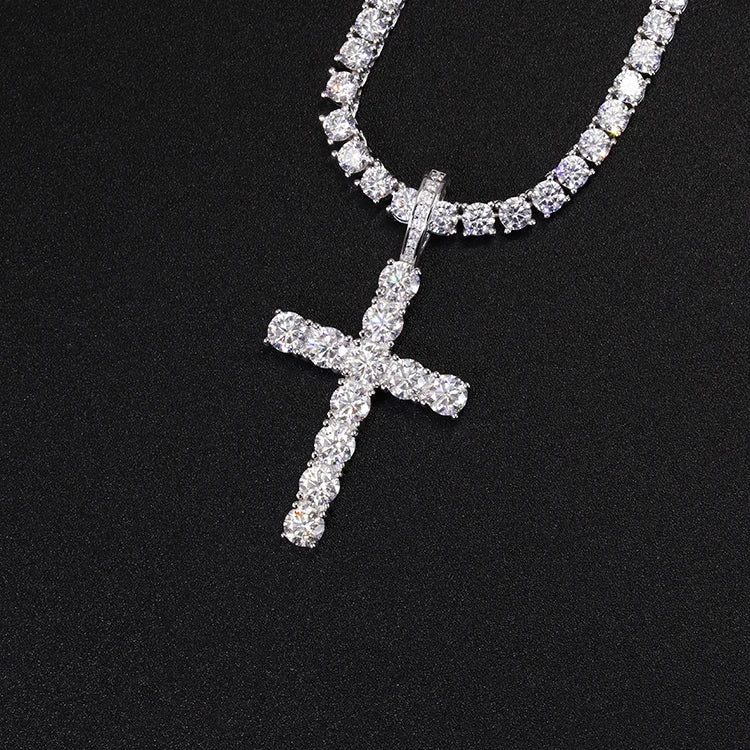 Iced Moissanite Cross Pendant – 925 Sterling Silver (VVS, 2–5mm Stone Options)
