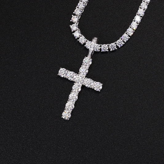 Iced Moissanite Cross Pendant – 925 Sterling Silver (VVS, 2–5mm Stone Options)