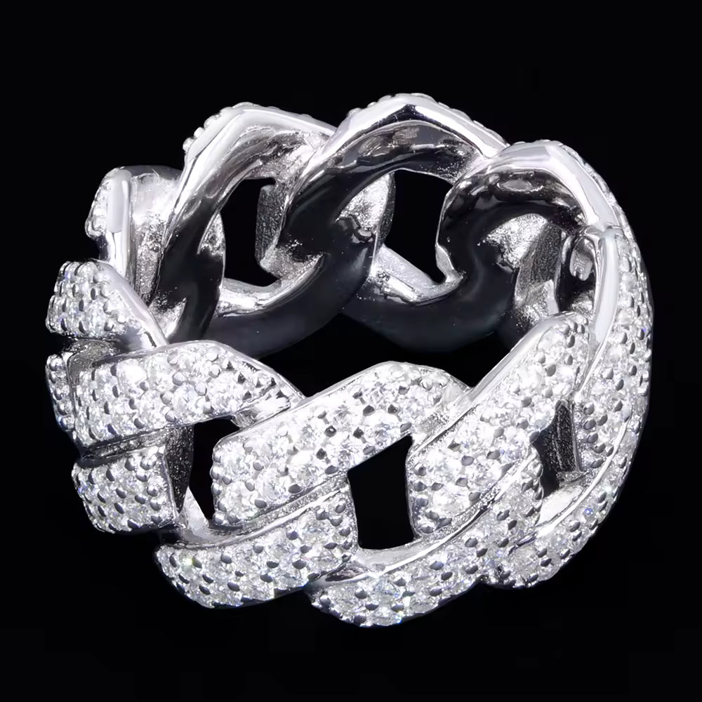 MOISSANITE 2 Rows Iced Out Prong Cuban Eternity Band Ring - 925 Silver