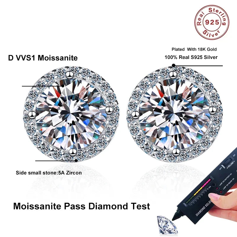 Moissanite Stud Earrings – 925 Sterling Silver, White Gold Plated