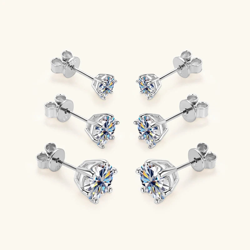 Moissanite Diamond Stud Earrings – 925 Sterling Silver, 18K White Gold Plated (0.5–2ct, Certified)